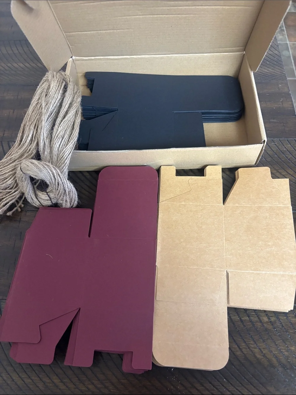 Black, Burgundy & Kraft Party Favor Boxes with Jute Twine